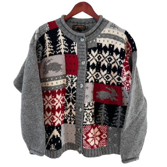 Vintage Eddie Bauer Ski Bunny Wool Patchwork Rollneck Cardigan Sweater M - Picture 1 of 6